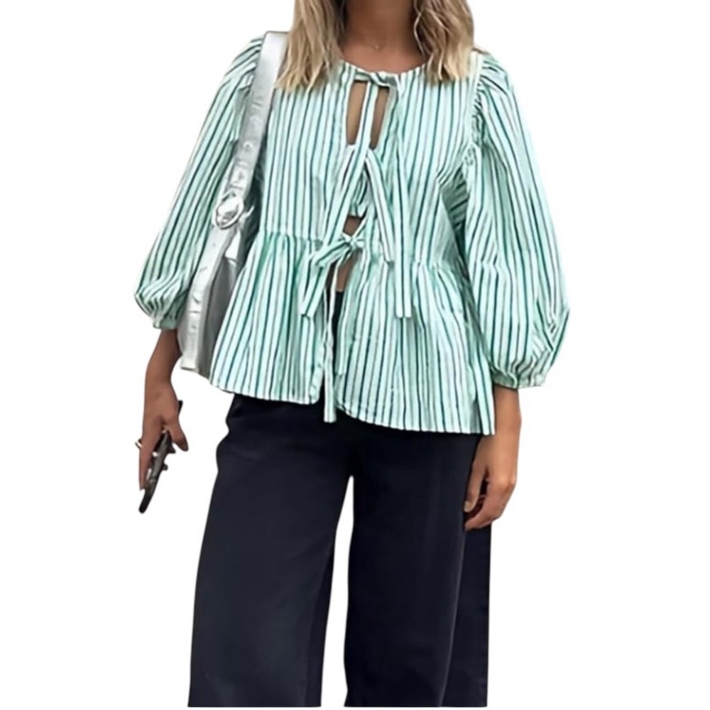 Green Stripe tie-front peplum blouse Y2K-style babydoll top puff sleeves Spring